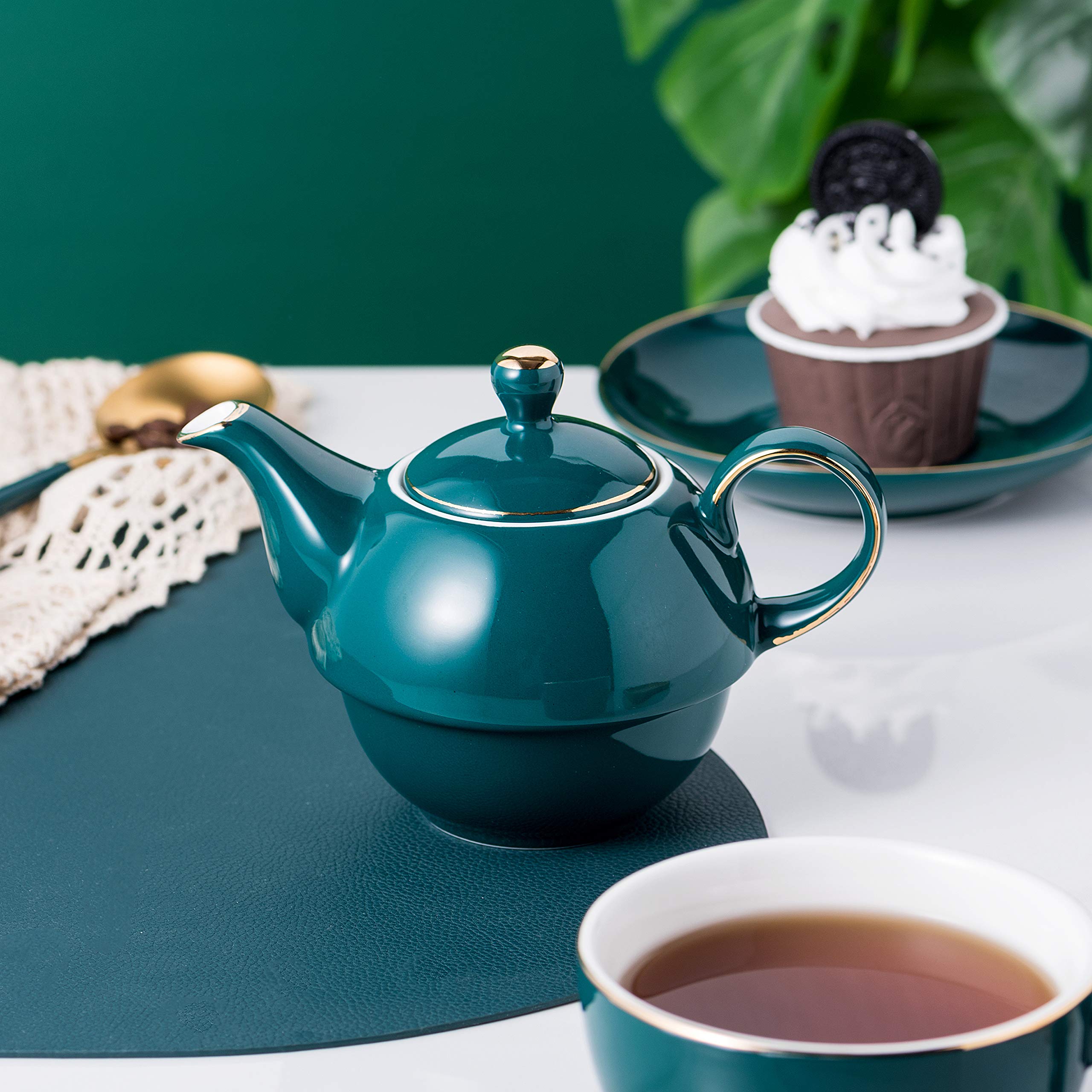 Jusalpha Dark Turquoise Green Fine China 16 OZ Teapot- Tea cup- Saucer Set, Tea-for-One set #08