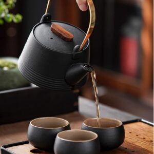 TRENDVEI Japanese Coarse Pottery Tea Set, Chinese Kungfu Loop-Handled Teapot with Infuser, 4 Cups and 1 Tea Tray