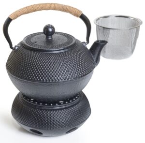 oztara cast iron teapot set, 40 oz/1200 ml japanese style teapot with infuser and warmer, tea pot | tea kettle coated with enameled interior, large cast iron kettle, black & iron cast teapot warmer