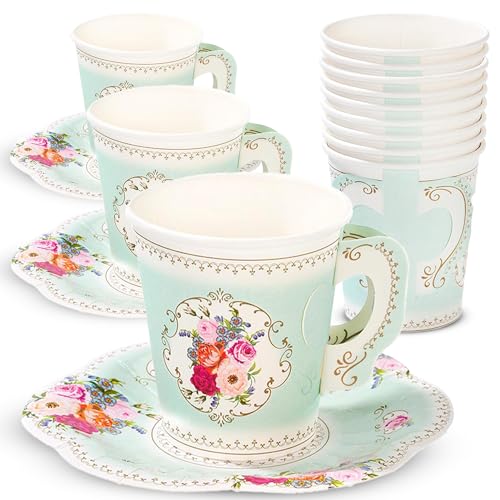 Talking Tables TS6-CUPSET Disposable Truly Scrumptious Party Vintage Floral Tea Cups and Saucer Sets, Mint Green