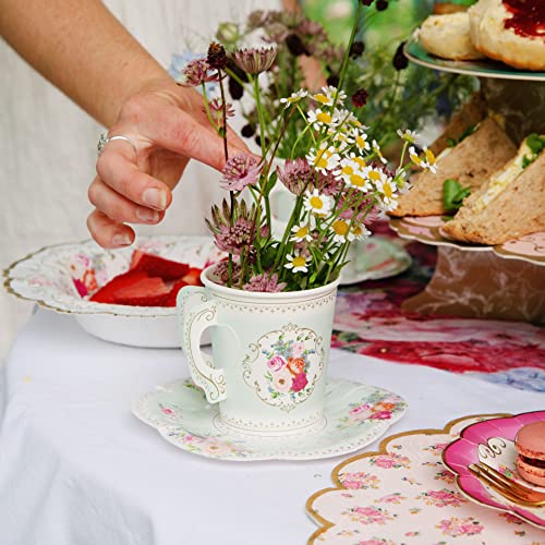 Talking Tables TS6-CUPSET Disposable Truly Scrumptious Party Vintage Floral Tea Cups and Saucer Sets, Mint Green