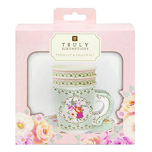 Talking Tables TS6-CUPSET Disposable Truly Scrumptious Party Vintage Floral Tea Cups and Saucer Sets, Mint Green