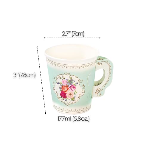 Talking Tables TS6-CUPSET Disposable Truly Scrumptious Party Vintage Floral Tea Cups and Saucer Sets, Mint Green