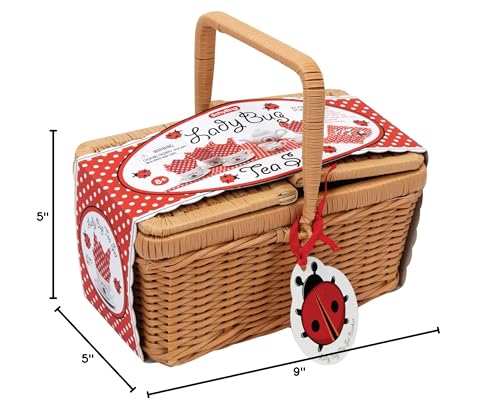 Schylling Ladybug Tea Set Basket - 23 Piece Miniature Porcelain Set with Picnic Basket - Includes Service for Four - Ages 8 and Up