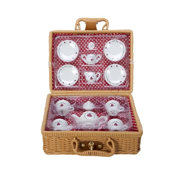 Schylling Ladybug Tea Set Basket - 23 Piece Miniature Porcelain Set with Picnic Basket - Includes Service for Four - Ages 8 and Up