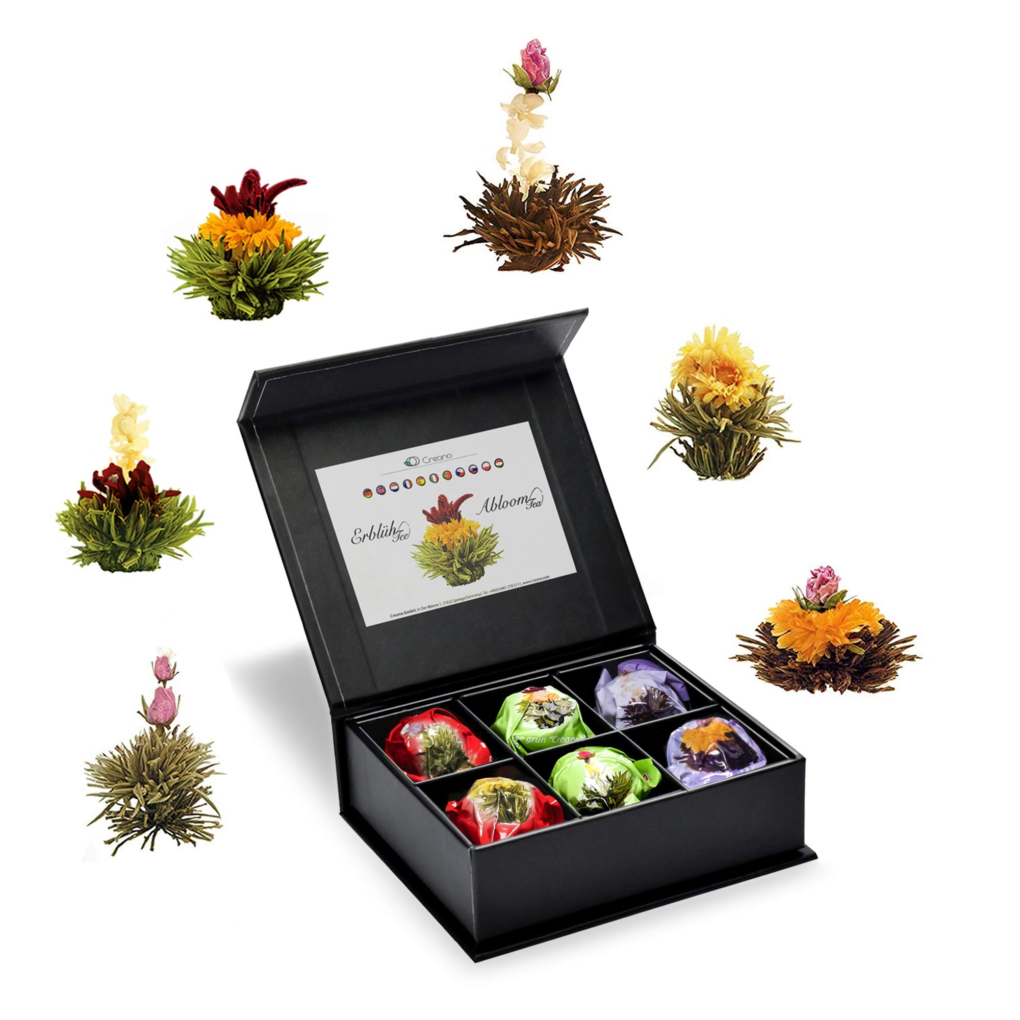 Creano Tea Flowers Mix 6pcs Set Blooming Tea, Green Tea, White Tea & Black Tea in Elegant Magnetic Box with Silver Embossing