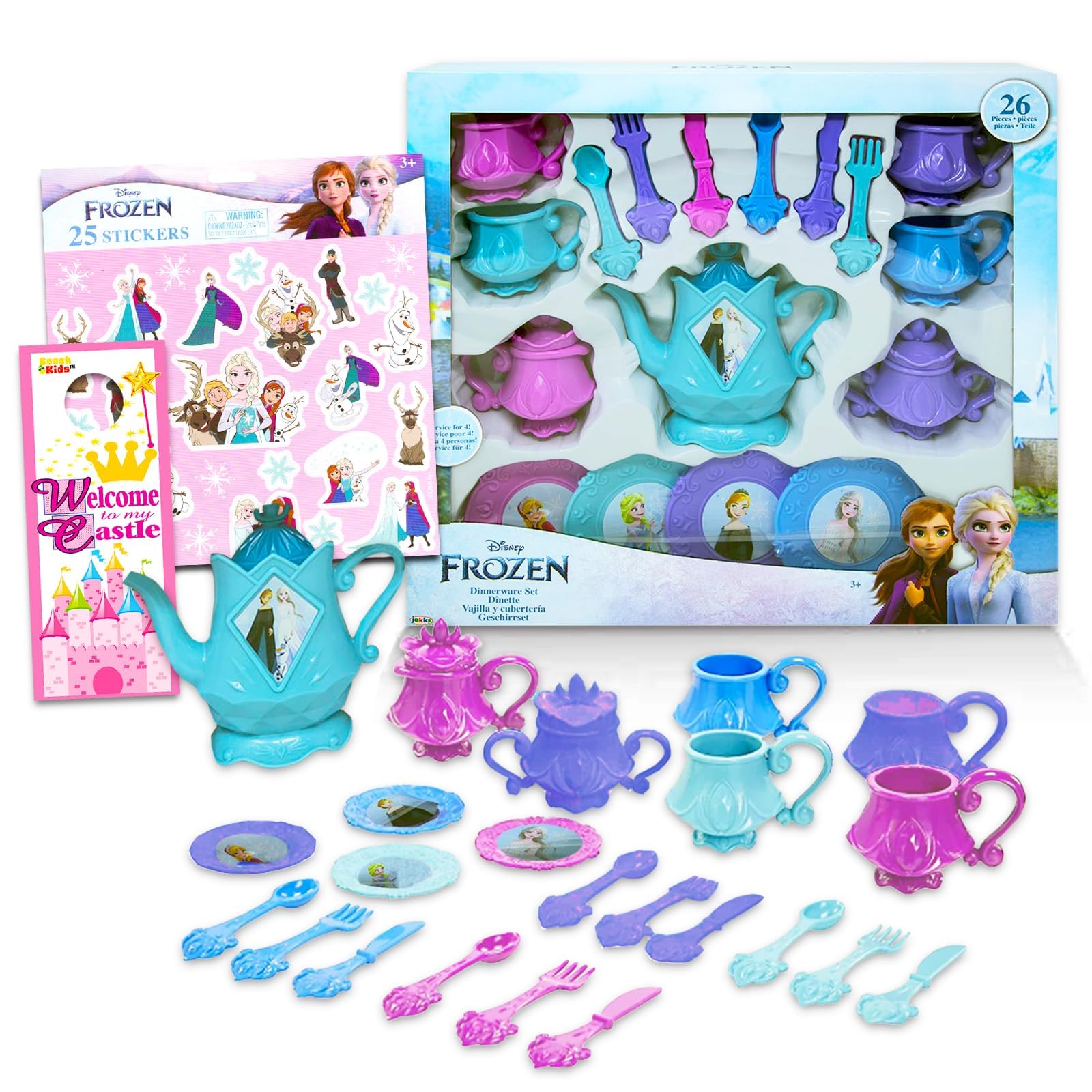 Classic Disney Frozen Tea Set Bundle ~ 26 Pc Frozen Tea Party Decorations, Cups, Tea Pot, Featuring Anna and Elsa with Frozen Stickers (Frozen Tea Set Party Supplies)