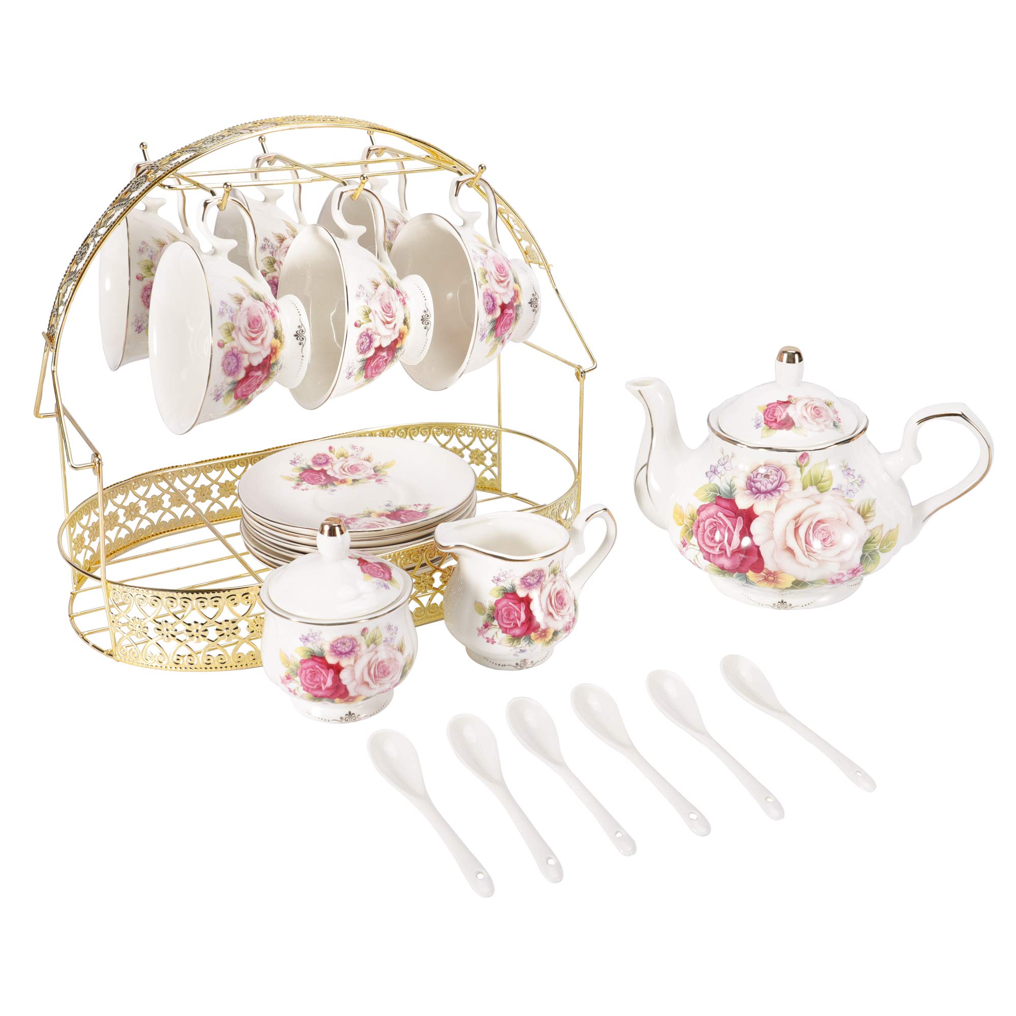 ufengke 15 Piece European Ceramic Tea Sets,Bone China Coffee Set with Metal Holder,Colorful Rose Painting Pumpkin Coffee Tea Pot