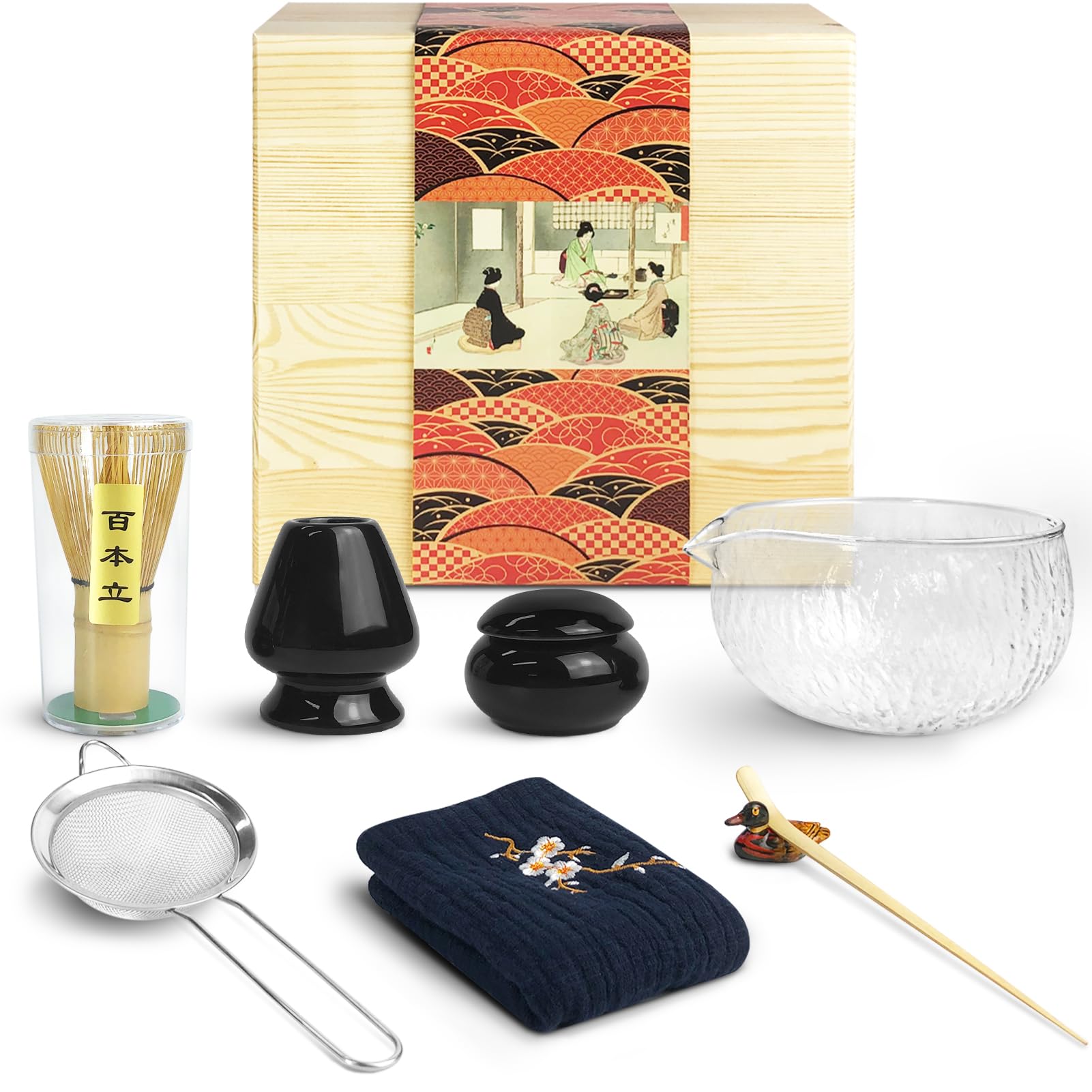 Artcome Japanese Matcha Tea Set, Glass Matcha Bowl with Pouring Spout, Bamboo Whisk, Ceramic Whisk Holder, Wooden Case, Handmade Matcha Ceremony Kit For Japanese Tea Ceremony (Black)