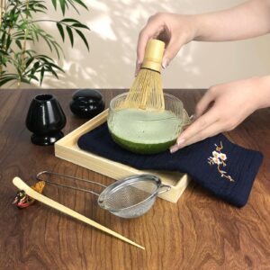 Artcome Japanese Matcha Tea Set, Glass Matcha Bowl with Pouring Spout, Bamboo Whisk, Ceramic Whisk Holder, Wooden Case, Handmade Matcha Ceremony Kit For Japanese Tea Ceremony (Black)