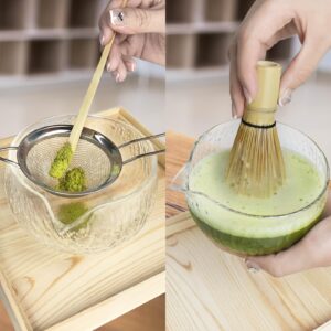 Artcome Japanese Matcha Tea Set, Glass Matcha Bowl with Pouring Spout, Bamboo Whisk, Ceramic Whisk Holder, Wooden Case, Handmade Matcha Ceremony Kit For Japanese Tea Ceremony (Black)