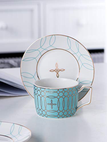 Jusalpha Porcelain Tea Set-Service of 4- Modern Elegant Mint Green Tea Cup and Saucer Set-Coffee Cup Set with Saucer and Spoon,TCS15 (4) (Blue)