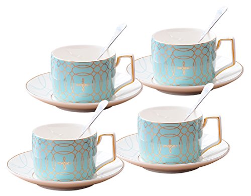 Jusalpha Porcelain Tea Set-Service of 4- Modern Elegant Mint Green Tea Cup and Saucer Set-Coffee Cup Set with Saucer and Spoon,TCS15 (4) (Blue)