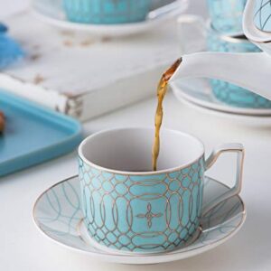 Jusalpha Porcelain Tea Set-Service of 4- Modern Elegant Mint Green Tea Cup and Saucer Set-Coffee Cup Set with Saucer and Spoon,TCS15 (4) (Blue)