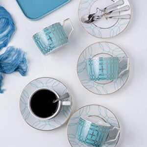 Jusalpha Porcelain Tea Set-Service of 4- Modern Elegant Mint Green Tea Cup and Saucer Set-Coffee Cup Set with Saucer and Spoon,TCS15 (4) (Blue)