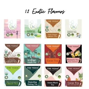 The Vedas Book Of Tea Gift Set | Assorted Tea Bags Gift Box | 12 Exotic Herbal Tea Blends | 4 Units of Each Variety, Net 48 | Best for Corporate Gifting | Tea Gift Hamper