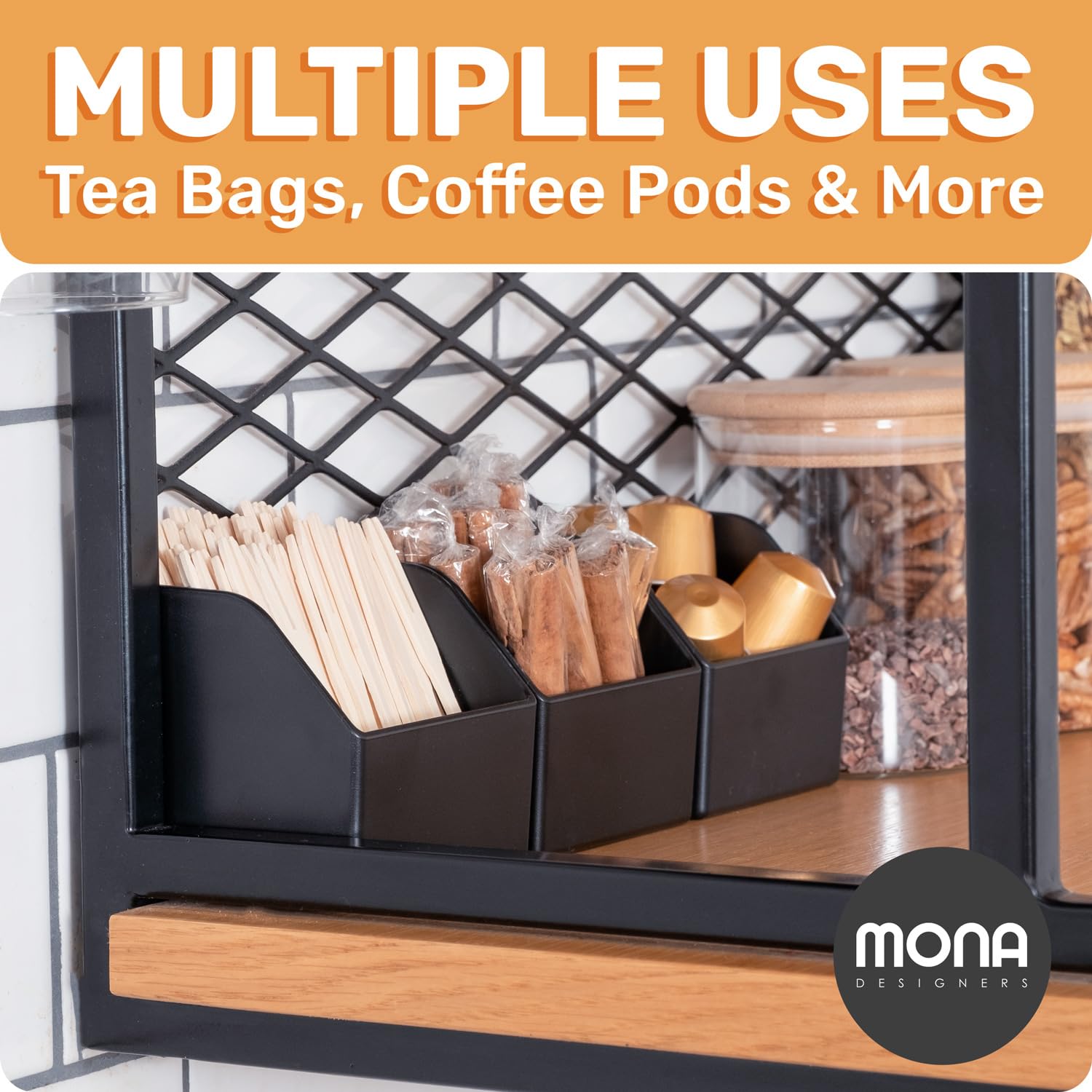 Mona Magnetic Tea Bag Organizer - Set of 6 Individual Tea Bag Holders for The Refrigerator, Counter or Kitchen Shelf. Stylish & Practical Space Saving Tea Organizer (Black)