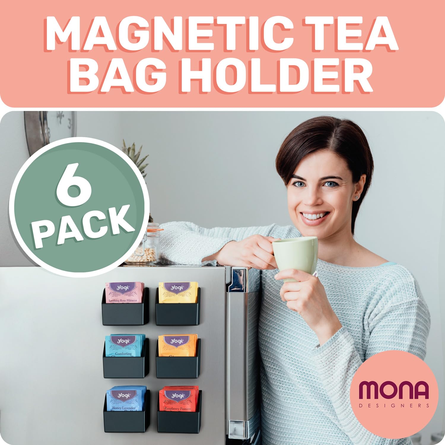 Mona Magnetic Tea Bag Organizer - Set of 6 Individual Tea Bag Holders for The Refrigerator, Counter or Kitchen Shelf. Stylish & Practical Space Saving Tea Organizer (Black)