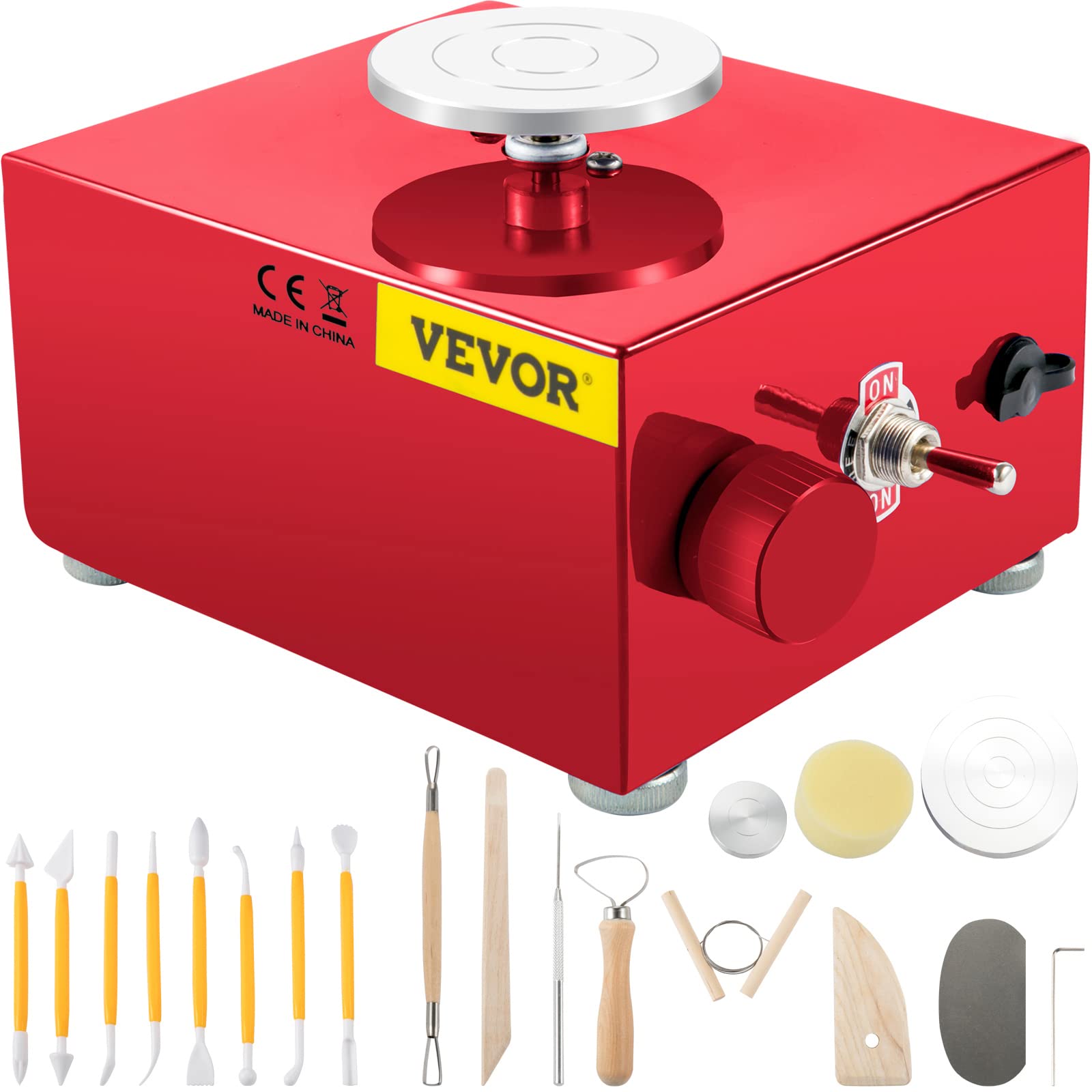 VEVOR 3 Turntables 30W Ceramic Wheel Forming Machine Adjustable 0-2000RPM Speed ABS Detachable Basin, 16 Sculpting Tools Accessory Kit for Work Art Craft DIY, Red