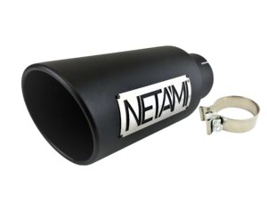 4 inch inlet to 6 inch outlet 15 inch overall length netami diesel exhaust tip stainless steel high temperature black ceramic coated clamp-on rolled edge single wall overall length: 15"