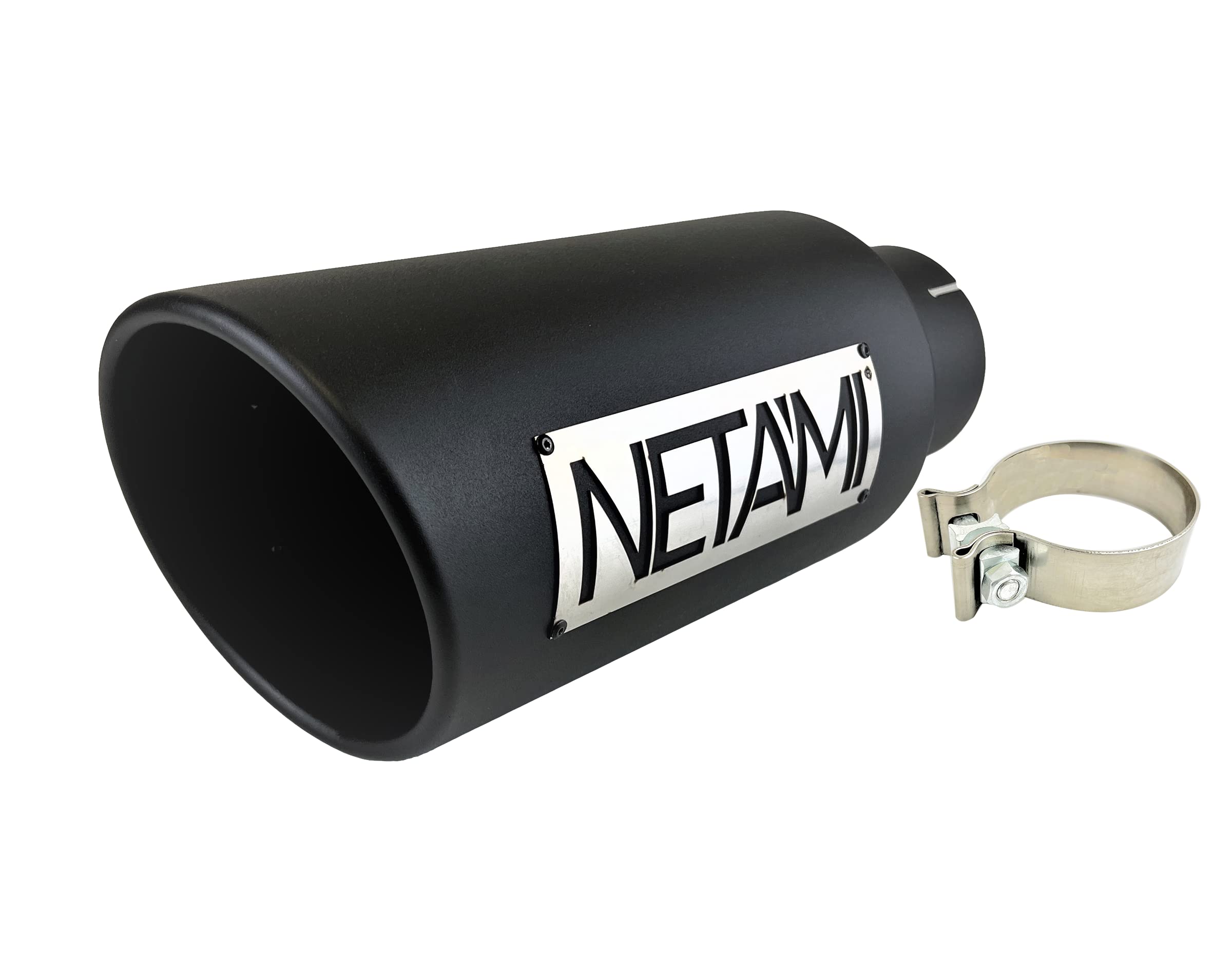 4 inch Inlet to 6 inch Outlet 15 inch Overall Length NETAMI Diesel Exhaust Tip Stainless Steel High Temperature Black Ceramic Coated Clamp-on Rolled Edge Single Wall Overall Length: 15"