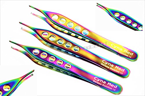 3ea Adson Kocher Tissue Forceps Micro 4.75 Inches 1x2 Teeth German Titanium Rainbow Stainless Steel Dissecting Cynamed