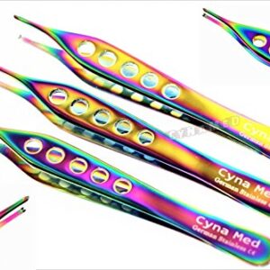 3ea Adson Kocher Tissue Forceps Micro 4.75 Inches 1x2 Teeth German Titanium Rainbow Stainless Steel Dissecting Cynamed