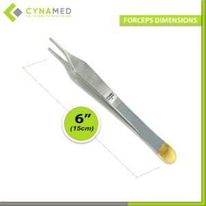 Cynamed Set of 2 Adson Forceps with Gold Handle - 6 in. Straight Fine Point Surgical Veterinary Instruments (Serrated)