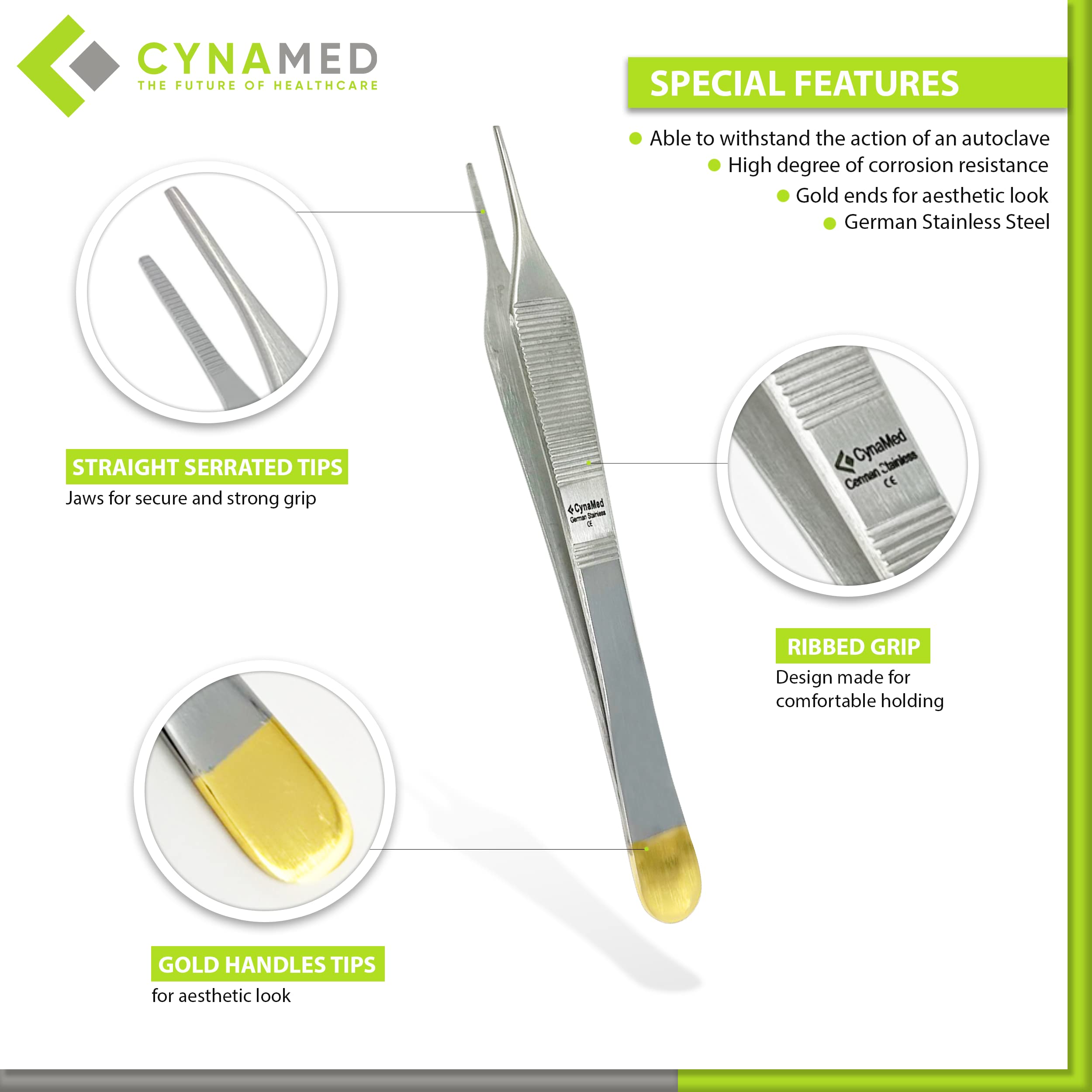 Cynamed Set of 2 Adson Forceps with Gold Handle - 6 in. Straight Fine Point Surgical Veterinary Instruments (Serrated)