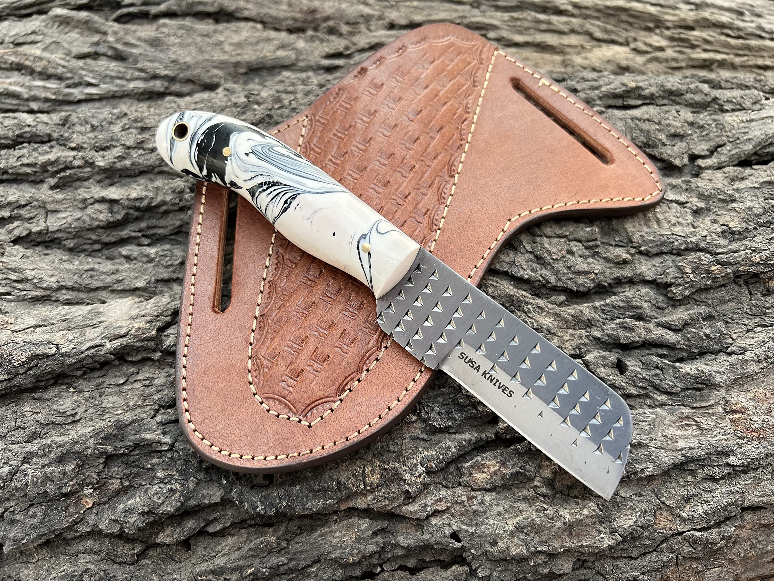 SUSA KNIVES Custom Handmade Rasp Bull Cutter knives horse file steel bull cutter knife, cowboy skinner knife with pancake leather sheath (WHITE)