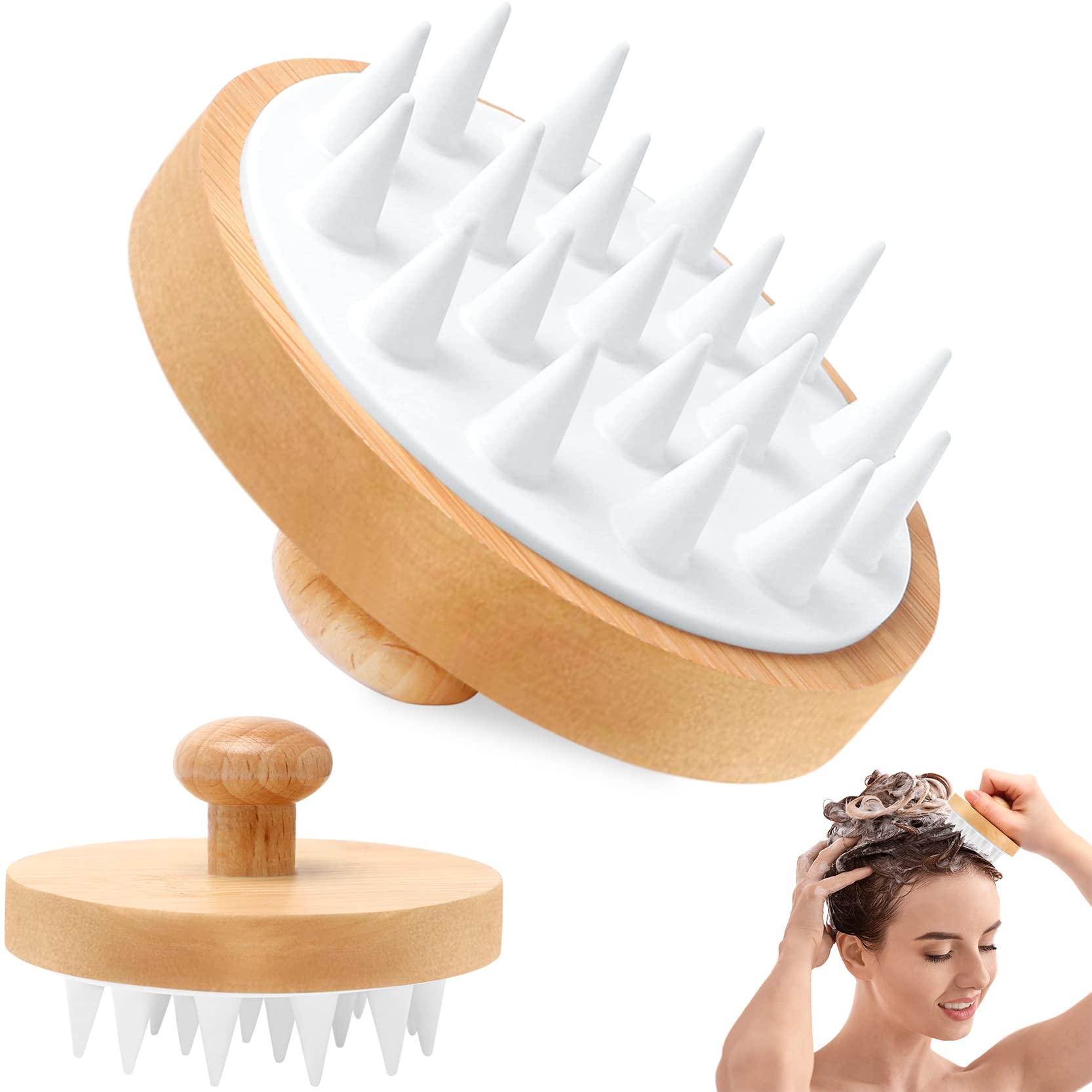 Scalp Massager Hair Brush,Scalp Scrubber Shampoo Brush with Soft Silicone Bristles,Bamboo Scalp Massager Hair Growth for Dandruff Removal,Wet Dry Hair Massager Scalp Brush for Men Women Kids Pet,Round