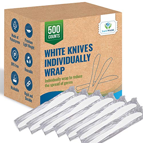 SafeWare White Plastic Knives Individually Wrapped 500 Pcs- Medium Weight - Ideal for Party, BBQ, Picnic, Home, Office, Restaurant Use.…