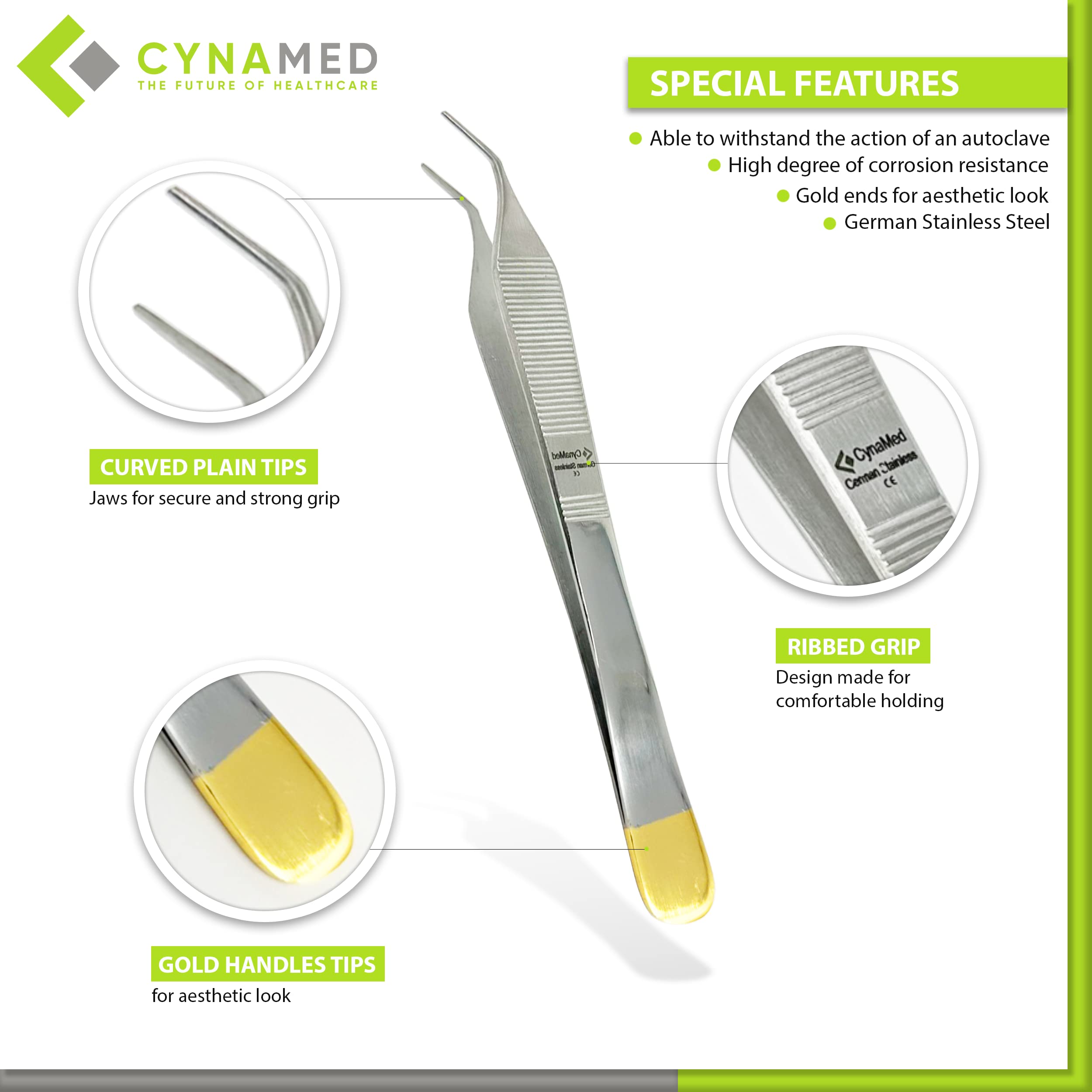 Cynamed Adson Forceps with Gold Handle - 6 in. Straight Fine Point Surgical Veterinary Instruments (Plain, Curved)