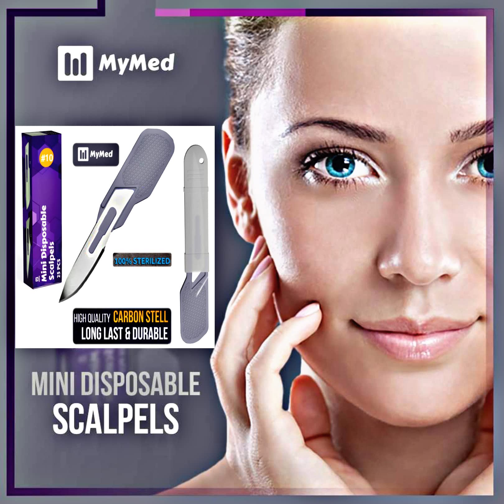 MyMed Disposable Mini #10 Scalpel Dermablade | Mini Box Cutter #10 Sharp Carbon-Steel #10 Scalpel Blades | Pack of 25 for Dermaplaning, Podiatry, Opening Boxes and Mail, Crafts & More