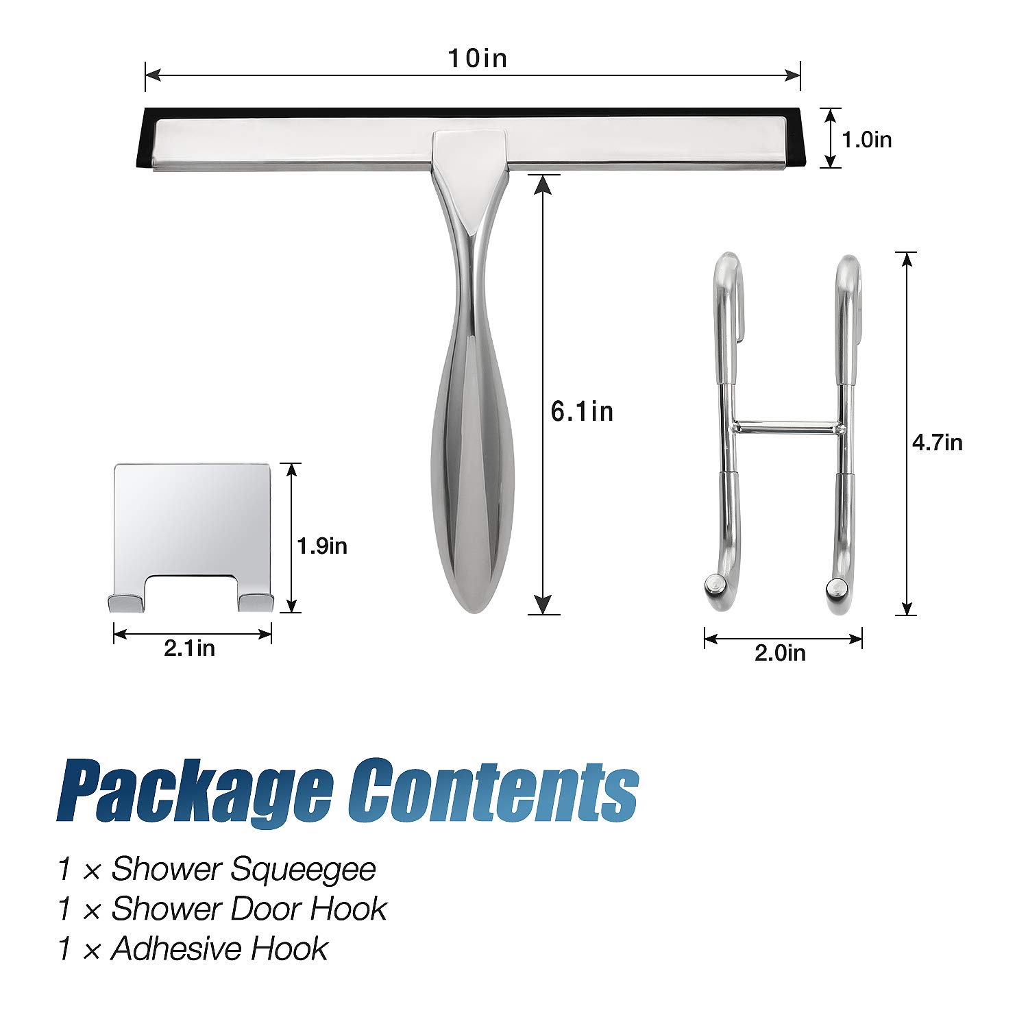 Simtive 10-Inch Shower Squeegee Set, includes Shower Door Hook and Adhesive Hook, Squeegee for Shower Doors, Mirror and Window, Silver