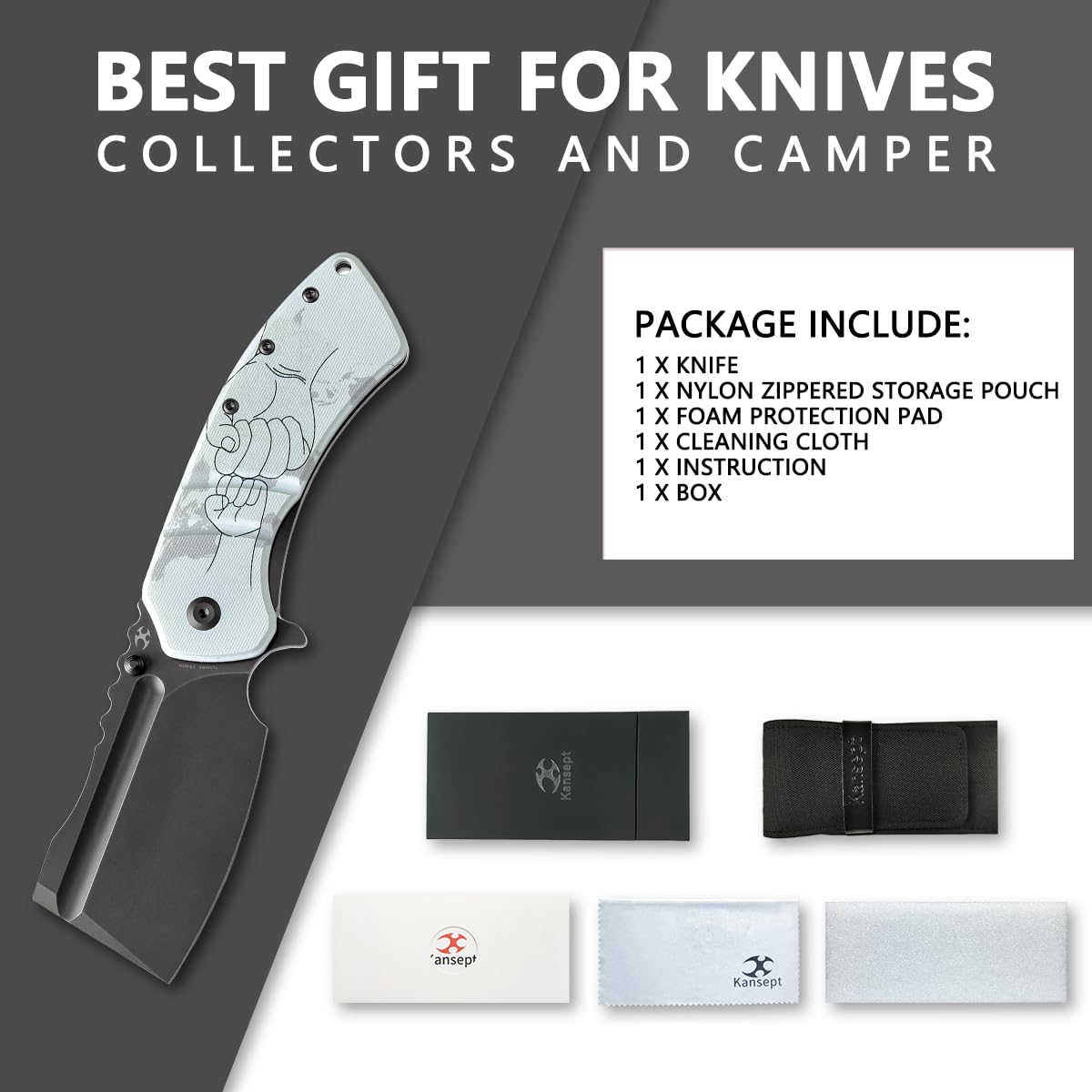 KANSEPT Pocket Knives XL Korvid Cleaver Style, Pocket Knife 3.55'' Black TiCn Coated 154CM Blade Heavy Pocket Folding Knifves with G10 Flag Print Handle EDC Folding Knife T1030B5