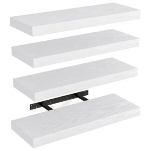 fixwal 15.8in floating shelves, rustic wood finish wall shelves set of 4, shelves for wall decor, with invisible brackets for bathroom, living room,bedroom and kitchen(white)