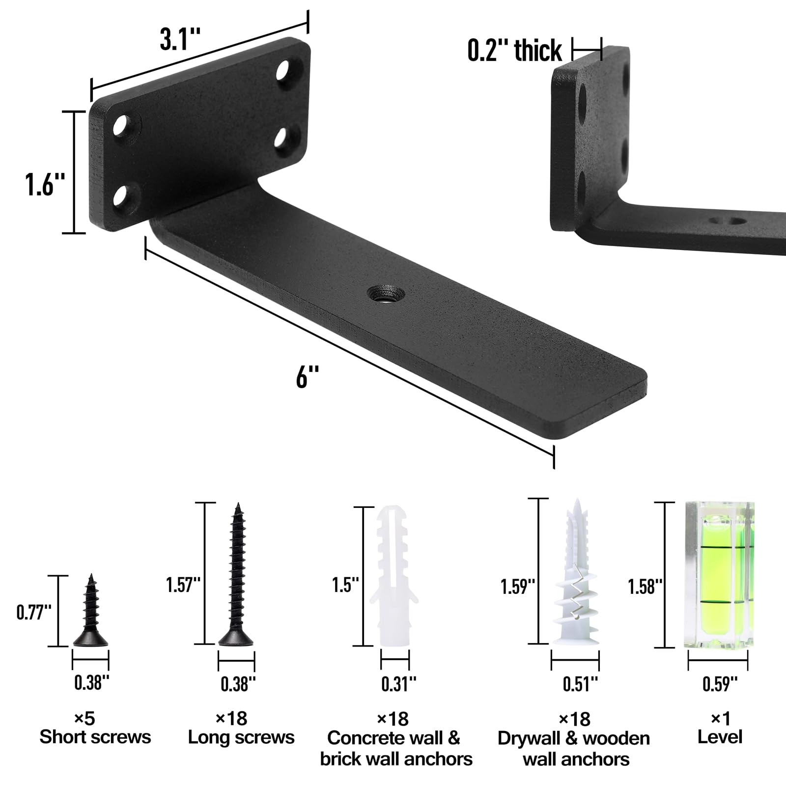 HITOMEN Heavy Duty Floating Shelf Brackets, 6-Inch (1/5'' Thick) Hidden Shelves Hardware, Cast Iron L Brackets, Rustic Industrial Black Metal Wall Shelving Supports, 4 Pack