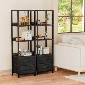 Furnulem 4-Tier Corner Shelf, Bookshelf with 2 Storage Drawers, 57.28”Tall Narrow Bookcase, Standing Shelf Organizer Unit for Living Room, Bedroom, Metal Frame, Wood Display Shelf