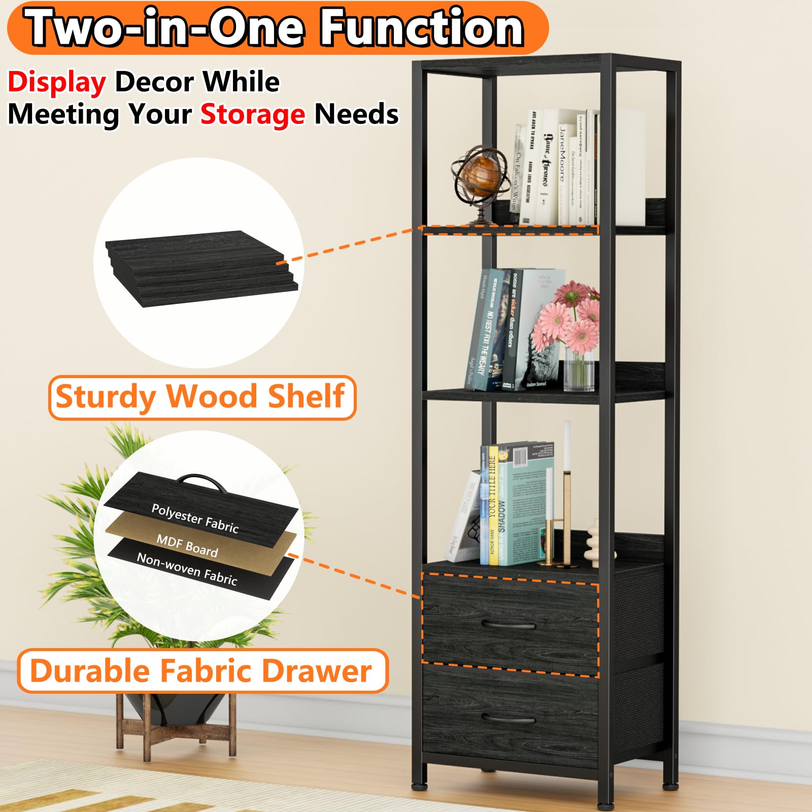 Furnulem 4-Tier Corner Shelf, Bookshelf with 2 Storage Drawers, 57.28”Tall Narrow Bookcase, Standing Shelf Organizer Unit for Living Room, Bedroom, Metal Frame, Wood Display Shelf