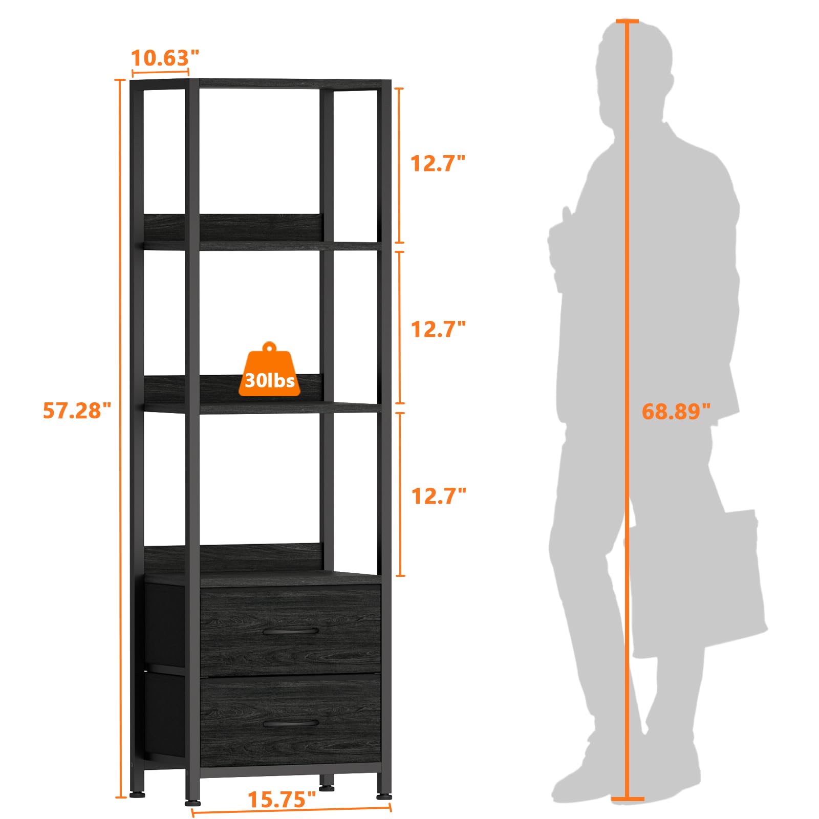 Furnulem 4-Tier Corner Shelf, Bookshelf with 2 Storage Drawers, 57.28”Tall Narrow Bookcase, Standing Shelf Organizer Unit for Living Room, Bedroom, Metal Frame, Wood Display Shelf