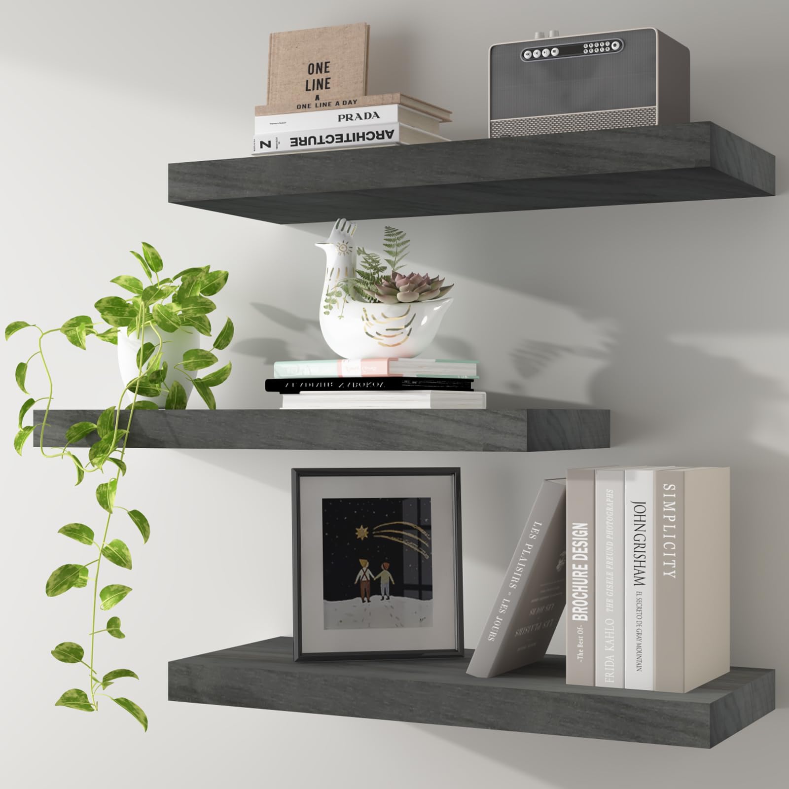 Floating Shelves Wall Shelf Solid Wood Mounted Storage for Bedroom Living Room Set of 3, Rustic Grey Wall Shelves