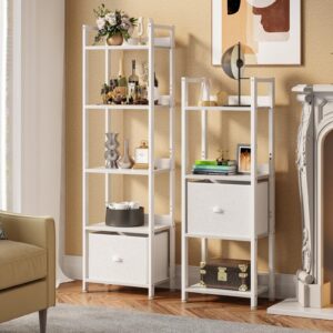 Furologee 5 Tier Bookshelf with Drawer, Tall Narrow Bookcase with Shelves, Wood and Metal Book Shelf Storage Organizer, Modern Display Standing Shelf Unit for Bedroom, Living Room, Office, White