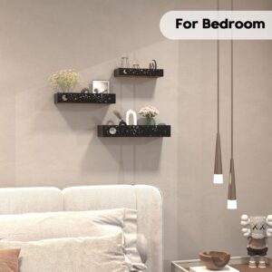 Serwrsw Moon and Stars Wall Shelves Black, Set of 3 Small Floating Shelves for Bedroom Living Room Wall Storage or Decor, Brown Board