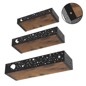 Serwrsw Moon and Stars Wall Shelves Black, Set of 3 Small Floating Shelves for Bedroom Living Room Wall Storage or Decor, Brown Board