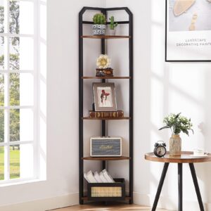 mneetrung corner shelf, 5-tier industrial corner bookshelf, freestanding corner shelf stand with metal frame, open corner plant stand for small space, home office, living room, bedroom, brown