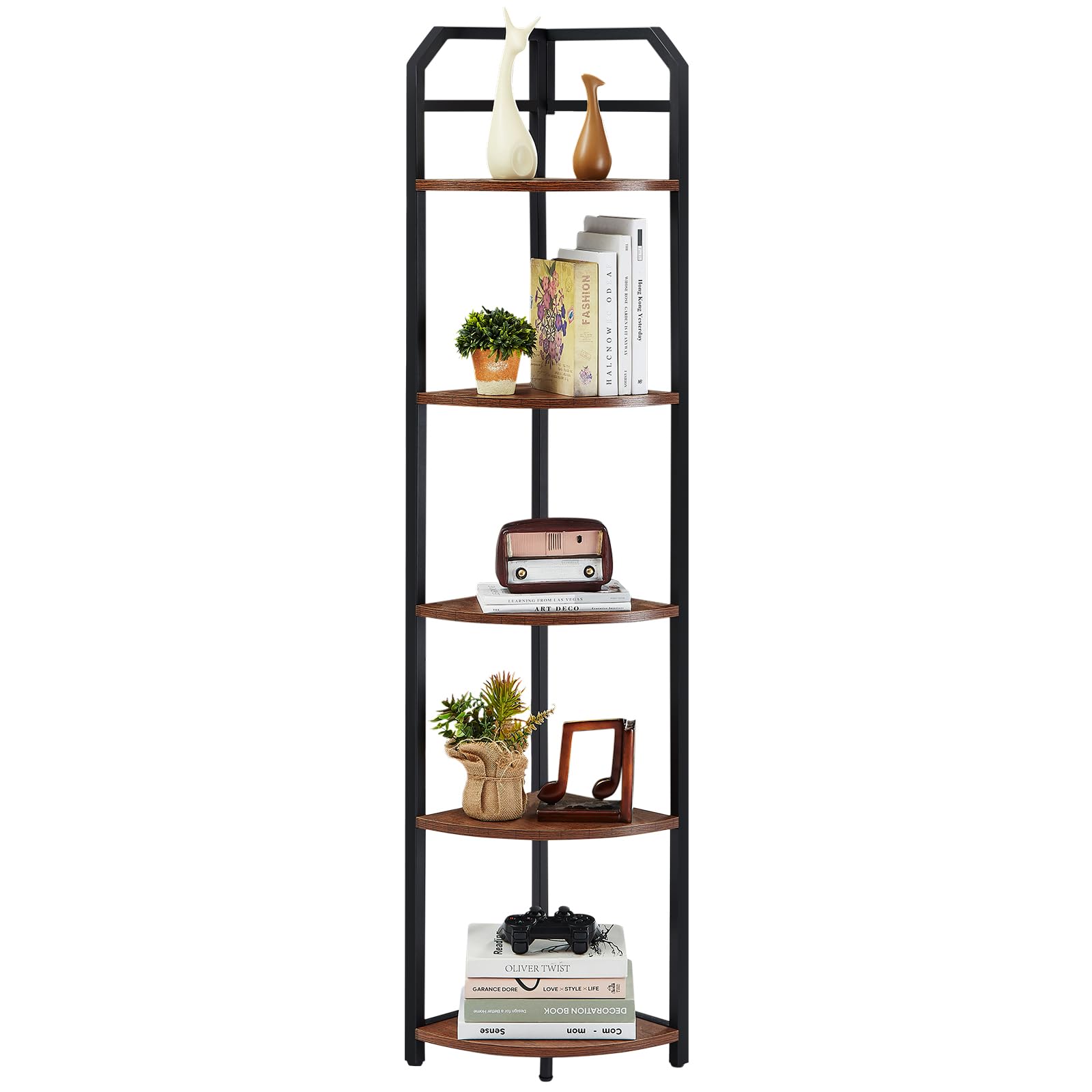 MNEETRUNG Corner Shelf, 5-Tier Industrial Corner Bookshelf, Freestanding Corner Shelf Stand with Metal Frame, Open Corner Plant Stand for Small Space, Home Office, Living Room, Bedroom, Brown