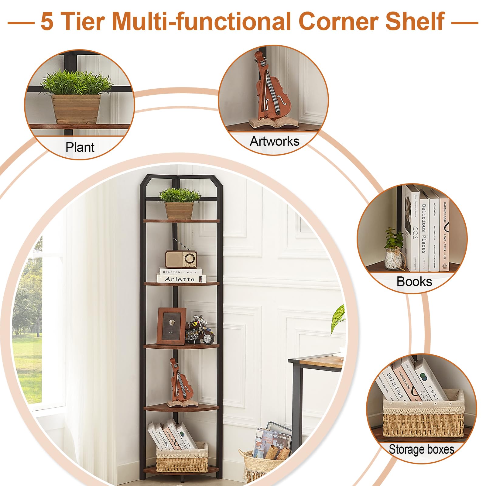 MNEETRUNG Corner Shelf, 5-Tier Industrial Corner Bookshelf, Freestanding Corner Shelf Stand with Metal Frame, Open Corner Plant Stand for Small Space, Home Office, Living Room, Bedroom, Brown