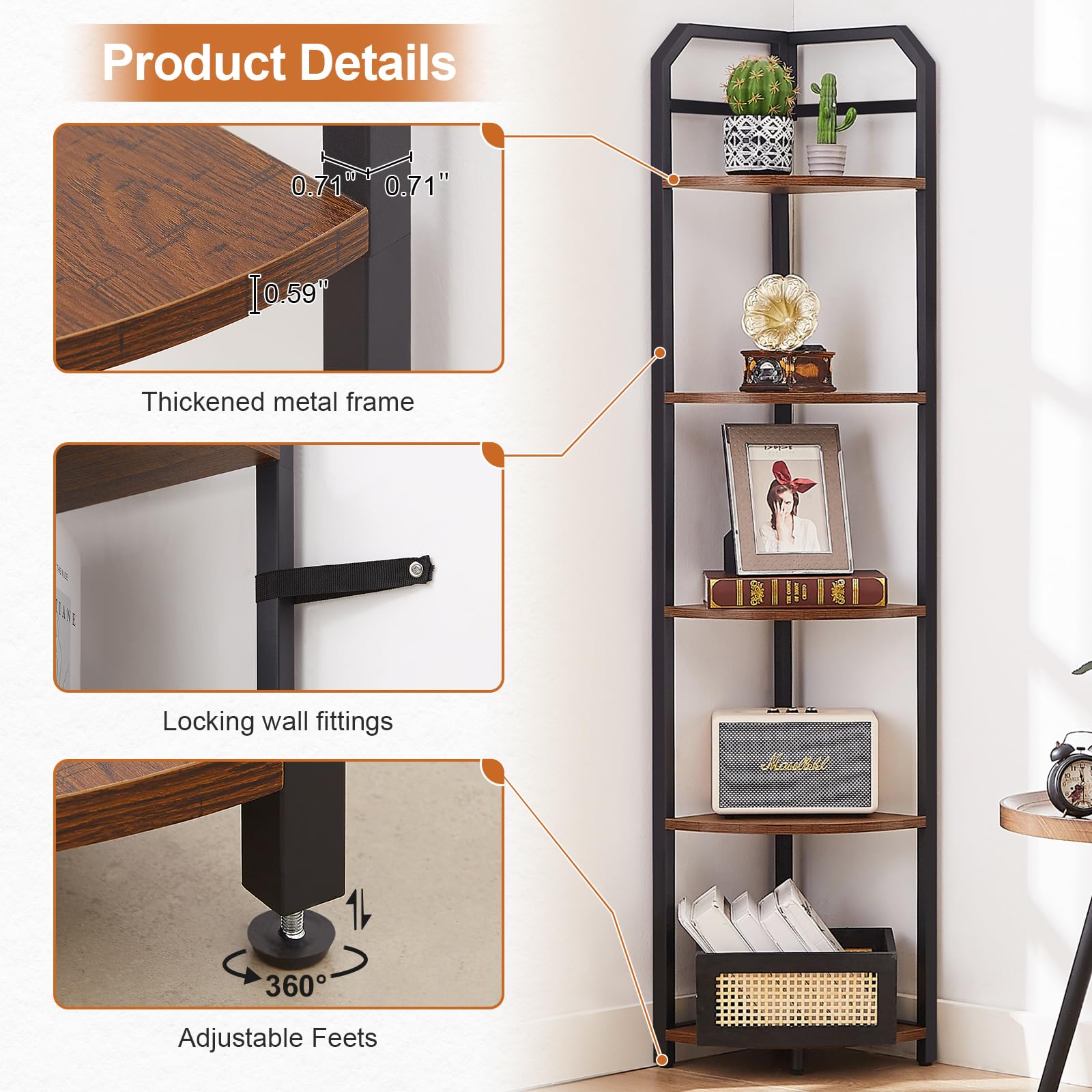 MNEETRUNG Corner Shelf, 5-Tier Industrial Corner Bookshelf, Freestanding Corner Shelf Stand with Metal Frame, Open Corner Plant Stand for Small Space, Home Office, Living Room, Bedroom, Brown