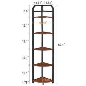 MNEETRUNG Corner Shelf, 5-Tier Industrial Corner Bookshelf, Freestanding Corner Shelf Stand with Metal Frame, Open Corner Plant Stand for Small Space, Home Office, Living Room, Bedroom, Brown